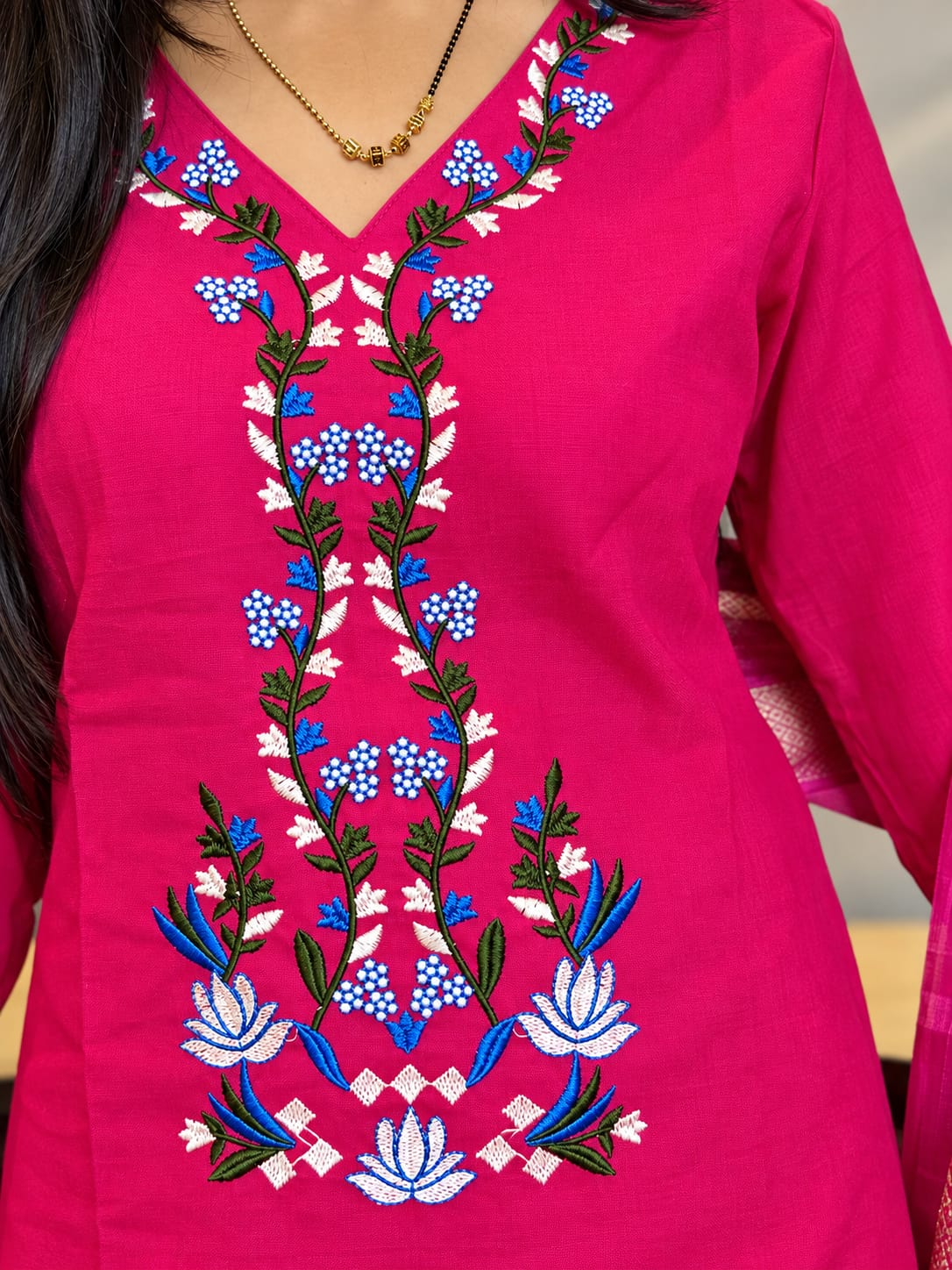 Pink Embroidered Cotton Kurta and Pant Set with Dupatta