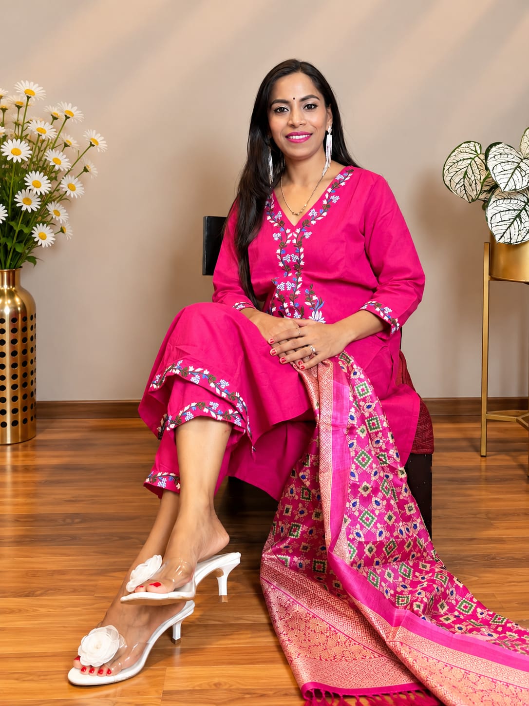 Pink Embroidered Cotton Kurta and Pant Set with Dupatta