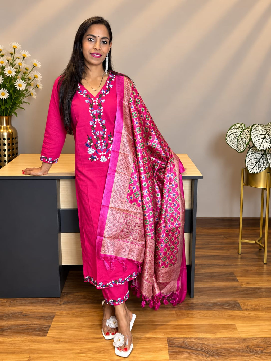 Pink Embroidered Cotton Kurta and Pant Set with Dupatta
