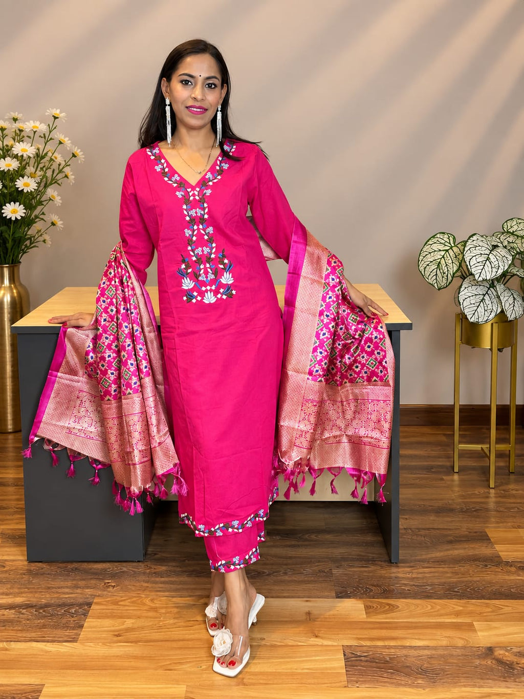 Pink Embroidered Cotton Kurta and Pant Set with Dupatta