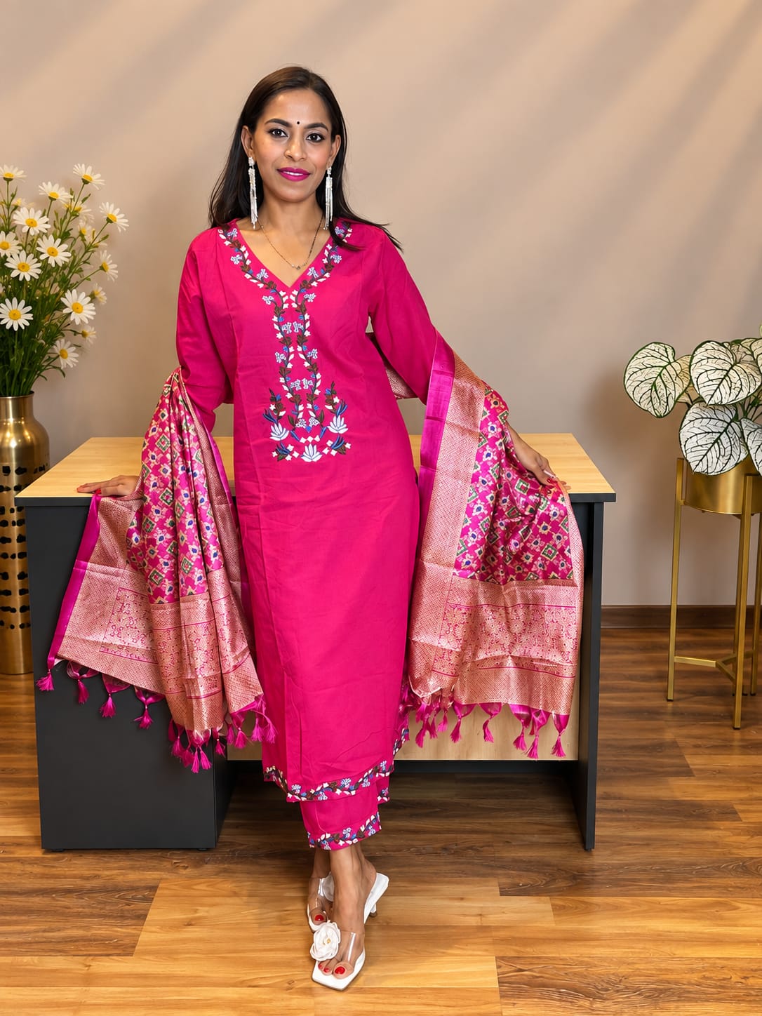 Pink Embroidered Cotton Kurta and Pant Set with Dupatta