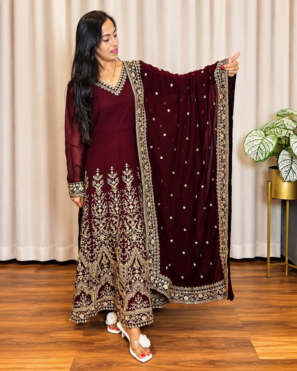 Wine Maroon Embroidered Anarkali Suit