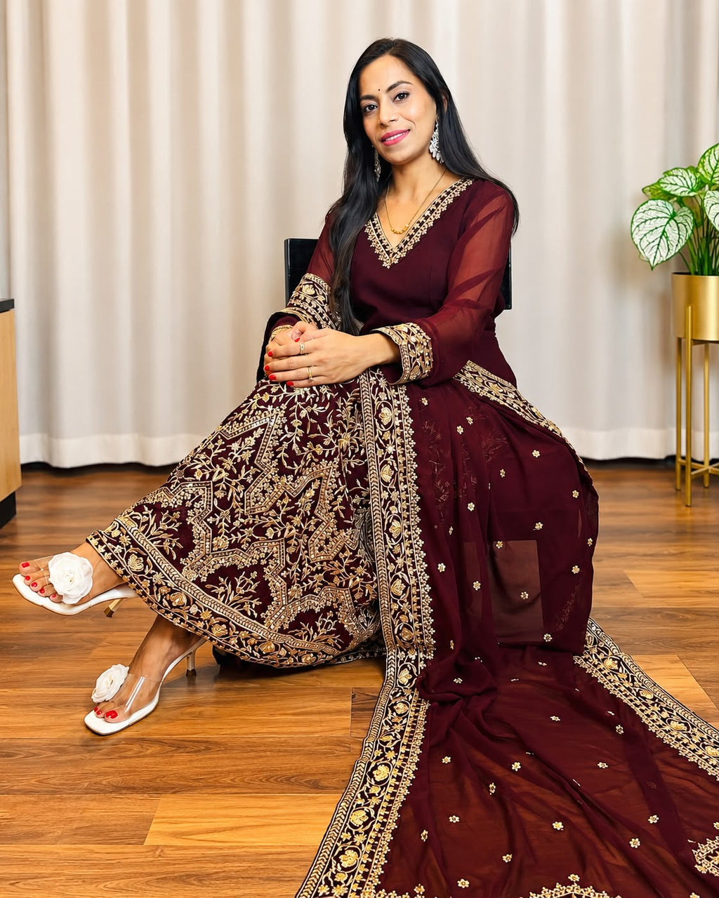 Wine Maroon Embroidered Anarkali Suit