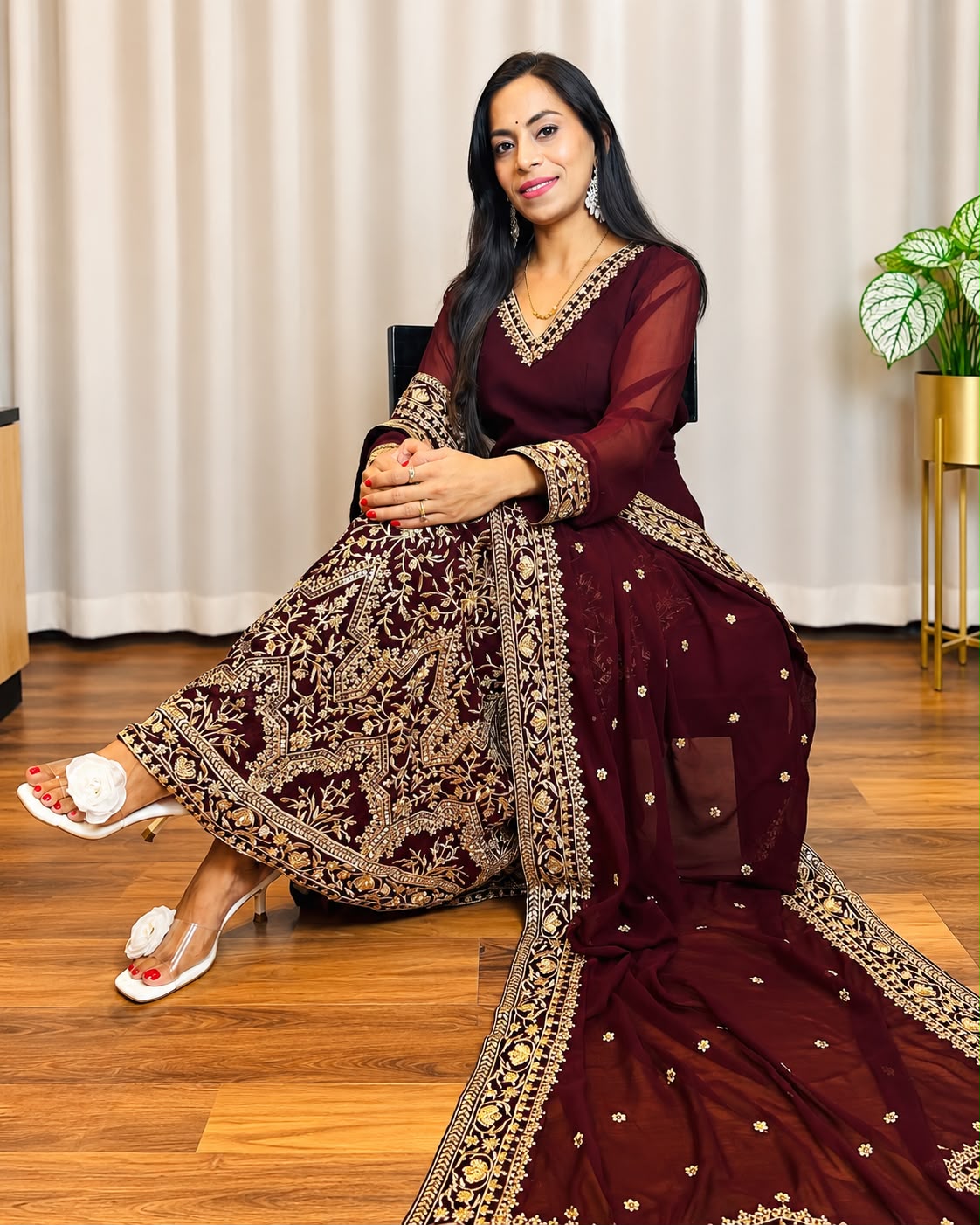 Wine Maroon Embroidered Anarkali Suit