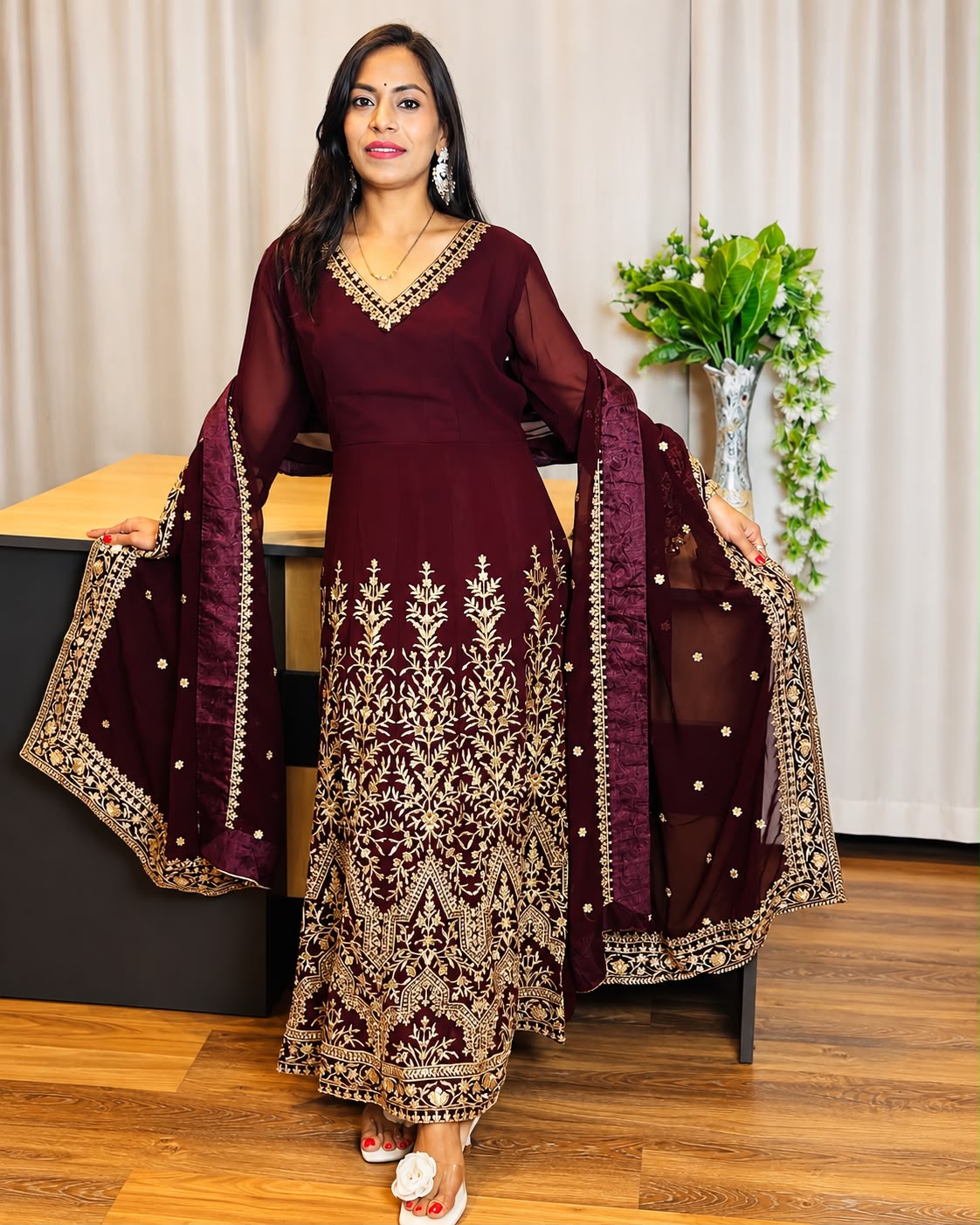Wine Maroon Embroidered Anarkali Suit