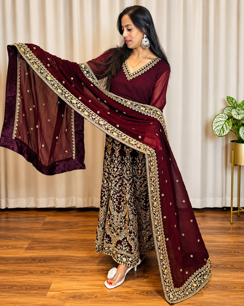 Wine Maroon Embroidered Anarkali Suit