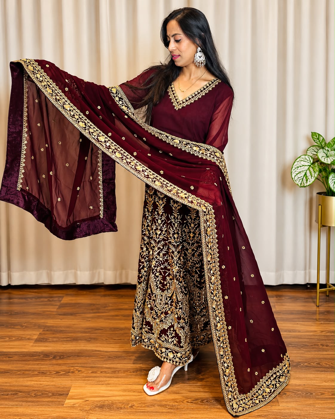 Wine Maroon Embroidered Anarkali Suit