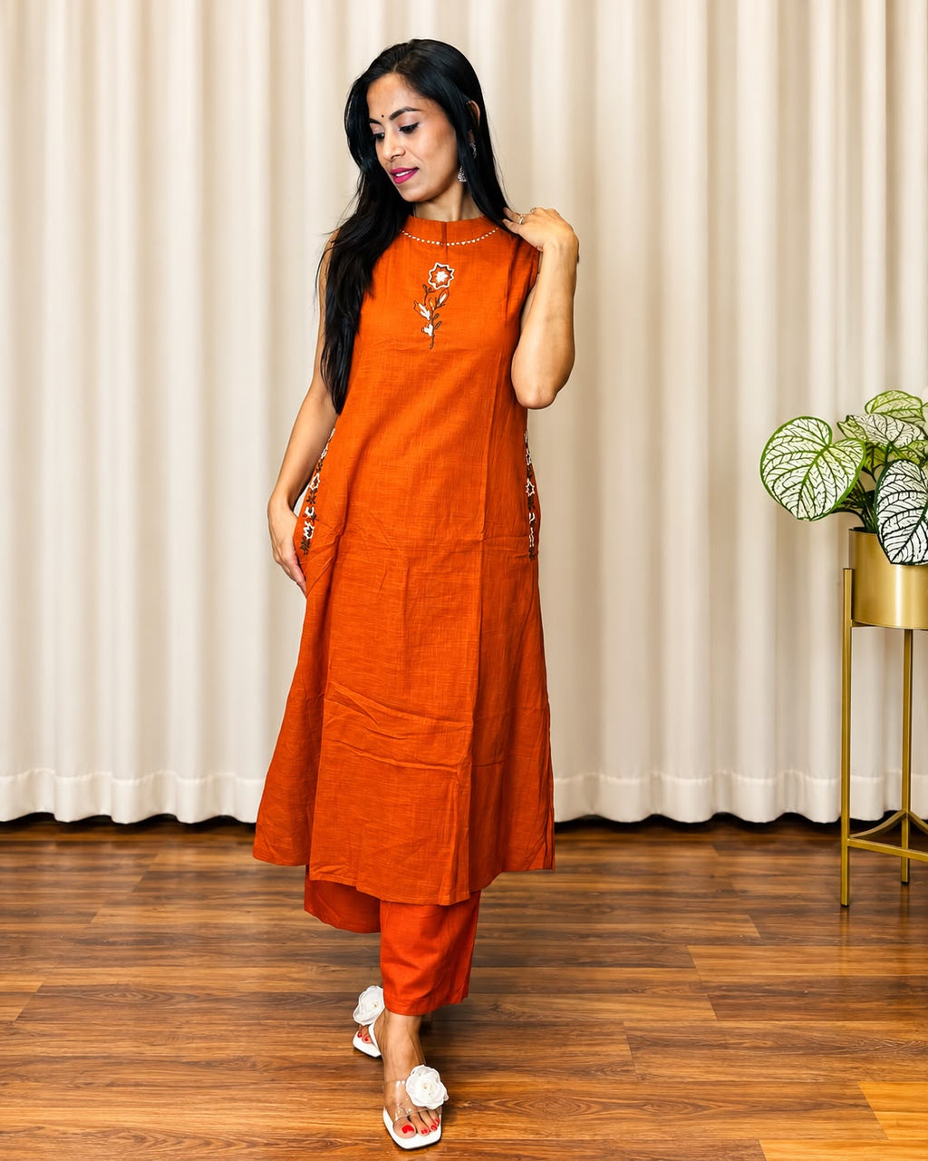 Orange Cotton-Linen Co-ord Suit