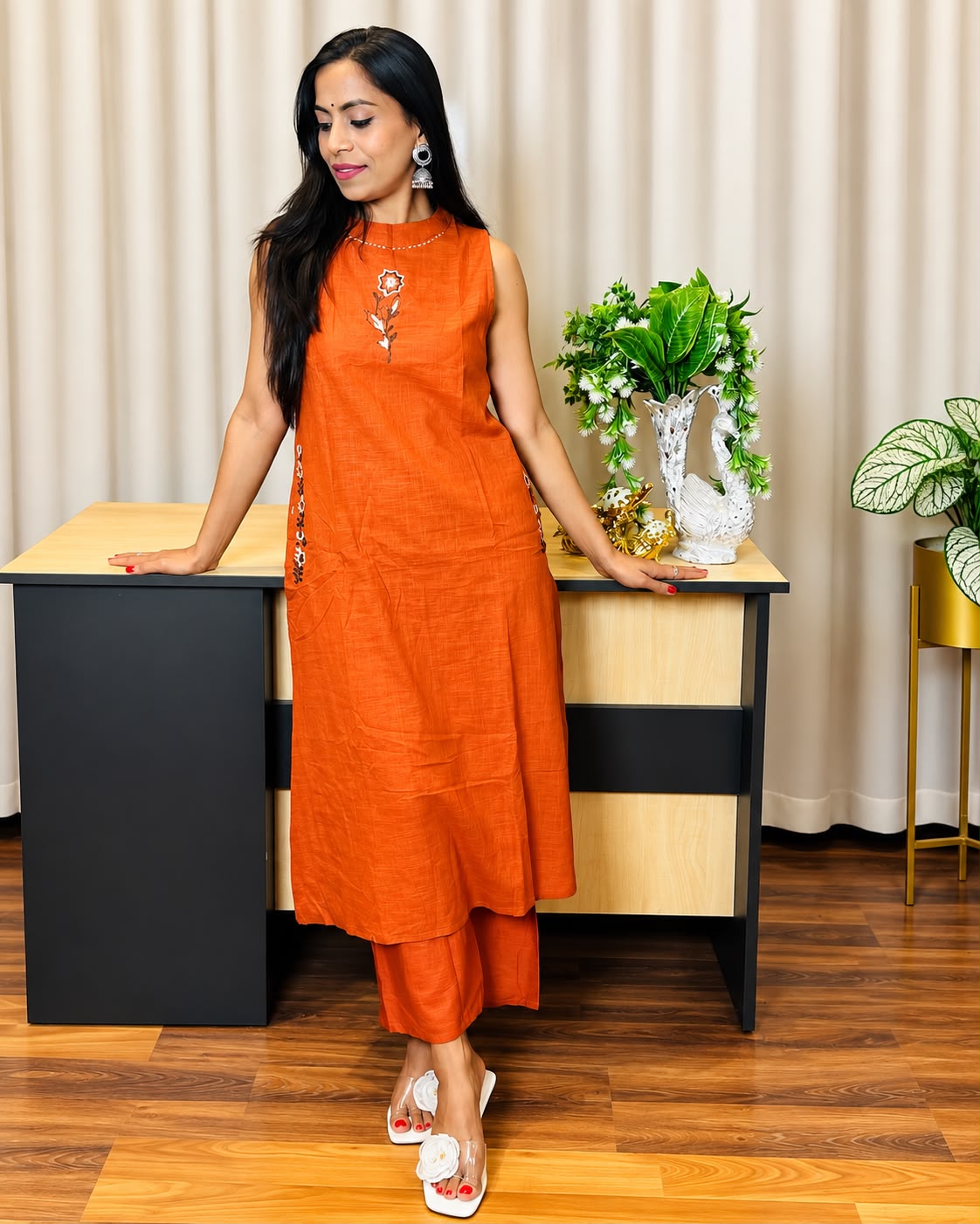 Orange Cotton-Linen Co-ord Suit