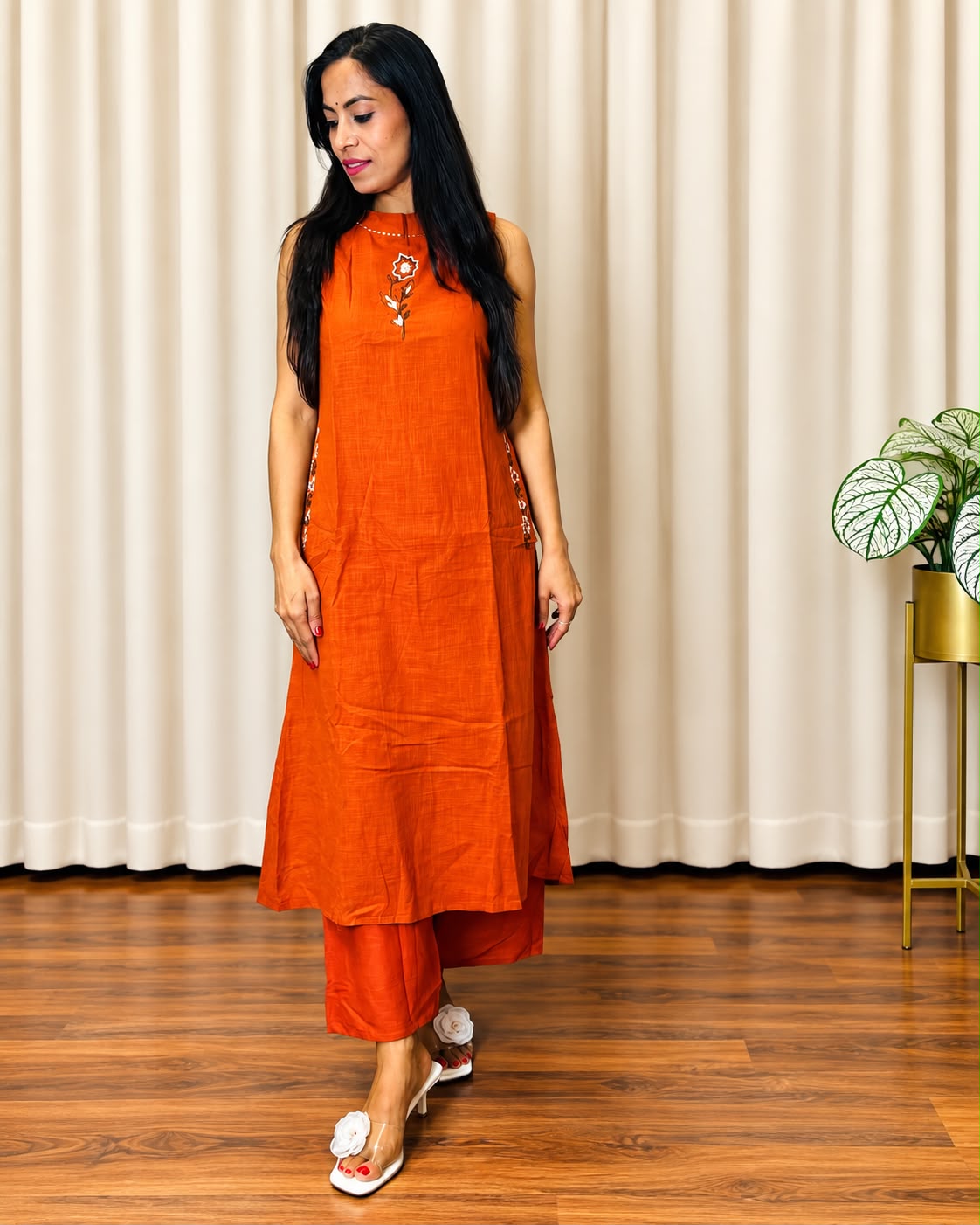 Orange Cotton-Linen Co-ord Suit