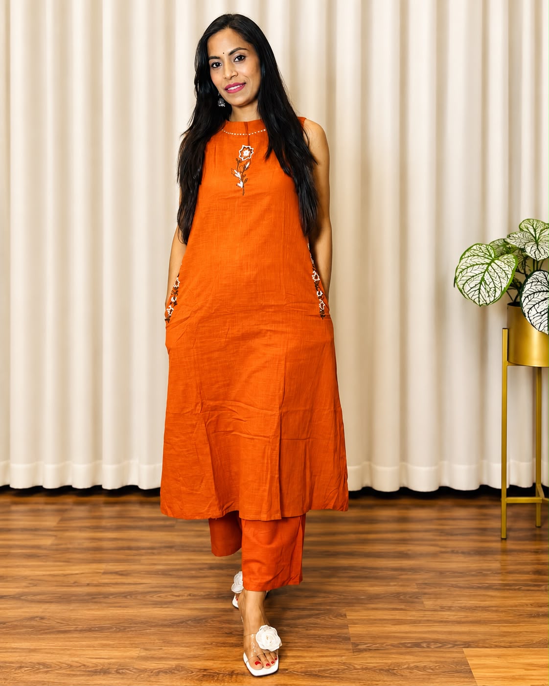 Orange Cotton-Linen Co-ord Suit