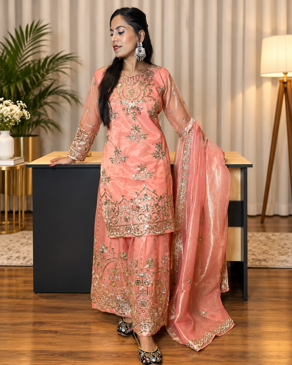 Peach Embroidered Festive 3-Piece Suit