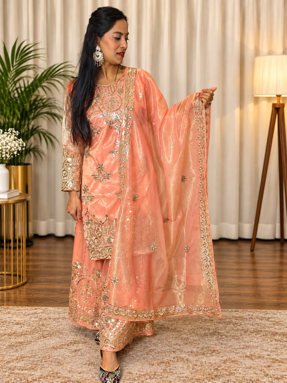 Peach Embroidered Festive 3-Piece Suit