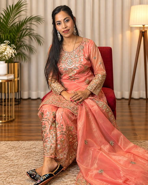 Peach Embroidered Festive 3-Piece Suit