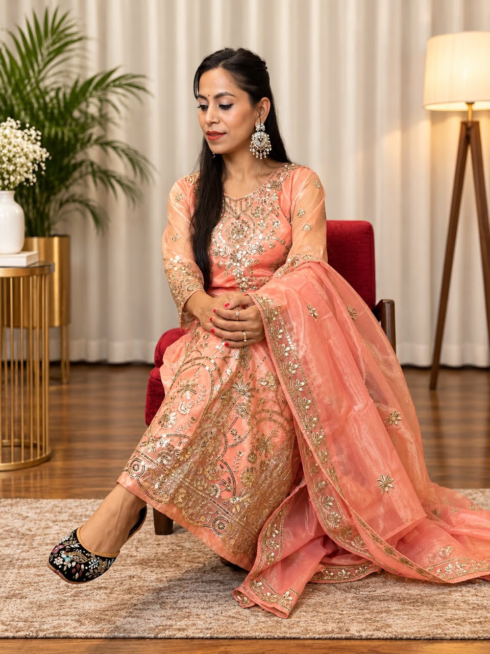 Peach Embroidered Festive 3-Piece Suit