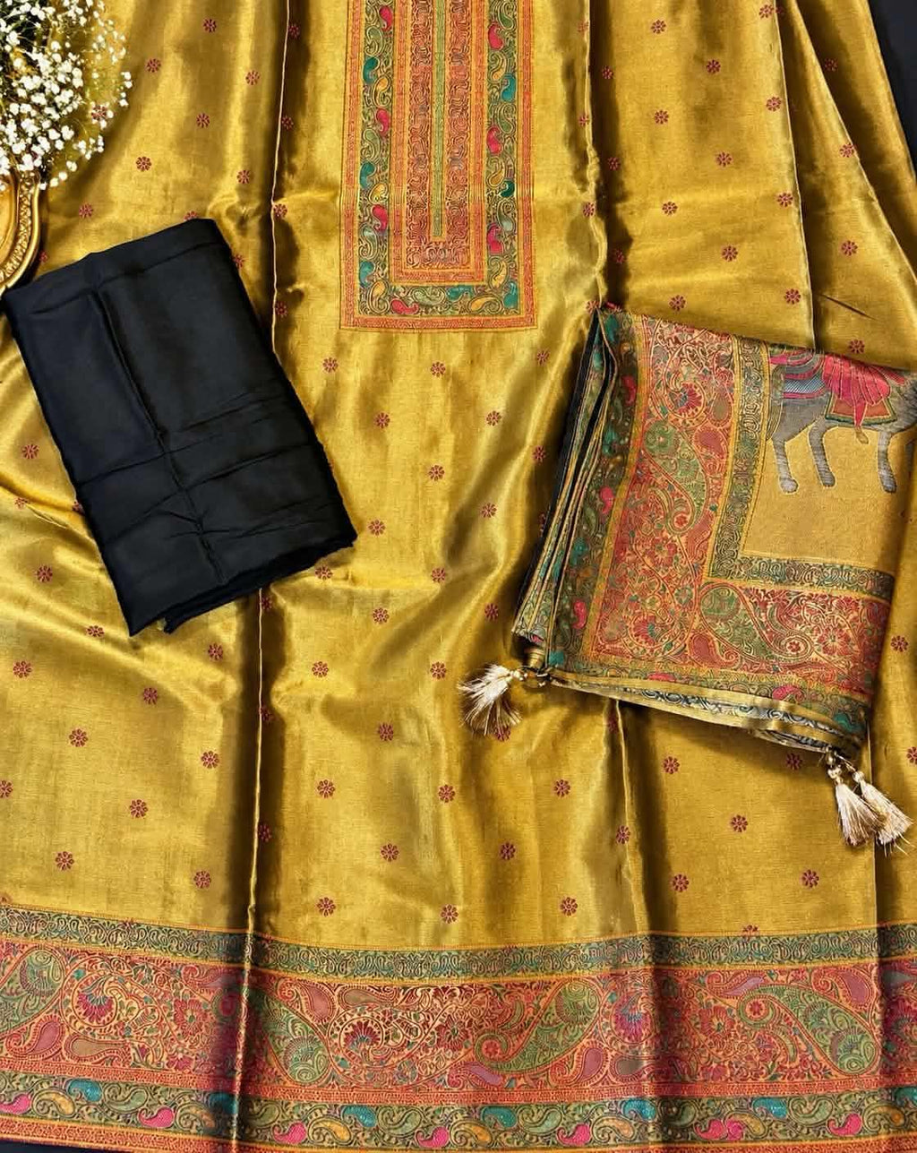 Mustard Gold Printed Silk Suit Set with Kashmiri Paisley Dupatta