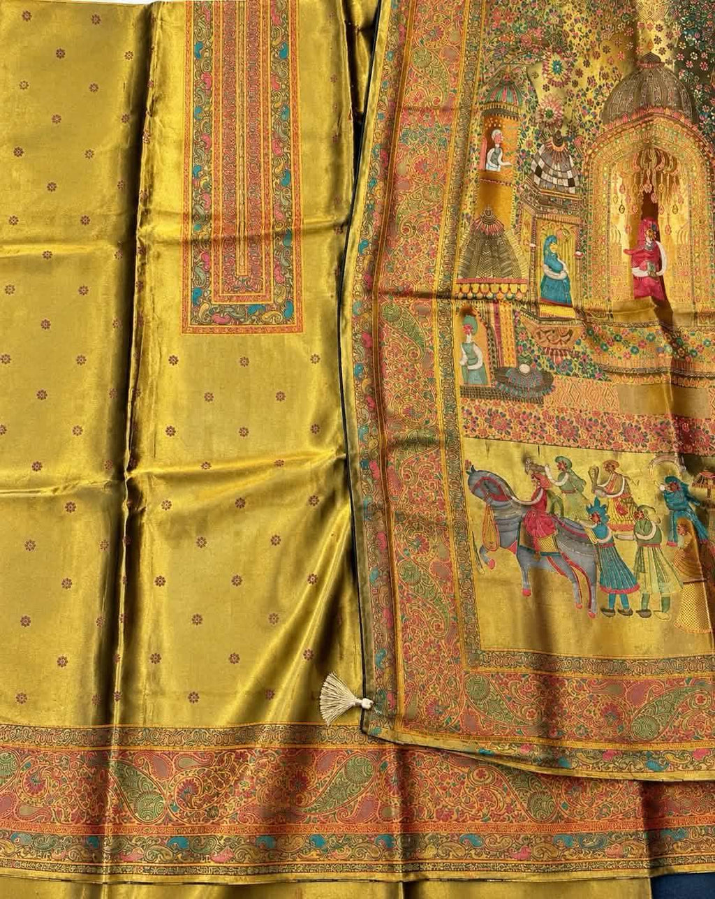 Mustard Gold Printed Silk Suit Set with Kashmiri Paisley Dupatta