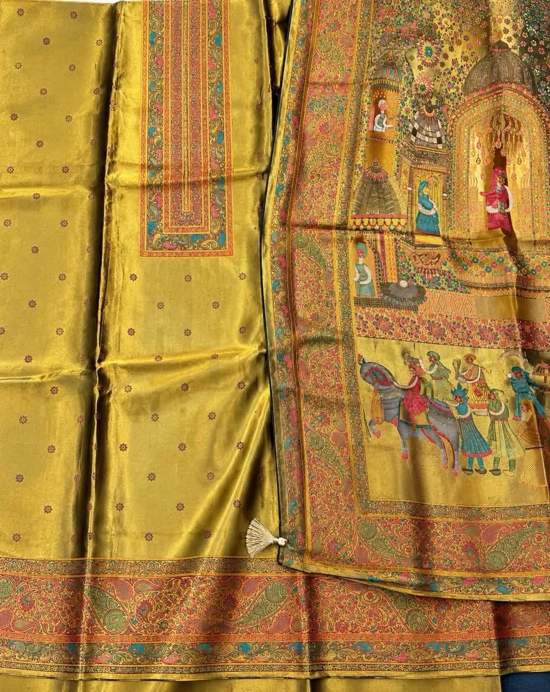 Mustard Gold Printed Silk Suit Set with Kashmiri Paisley Dupatta