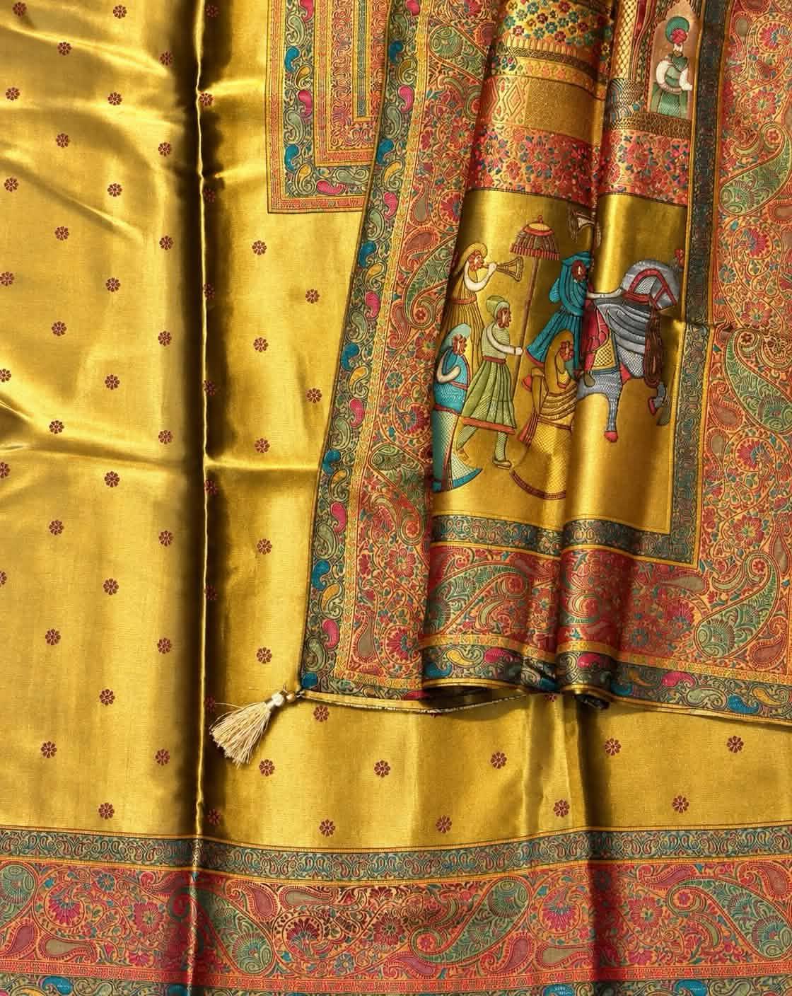 Mustard Gold Printed Silk Suit Set with Kashmiri Paisley Dupatta