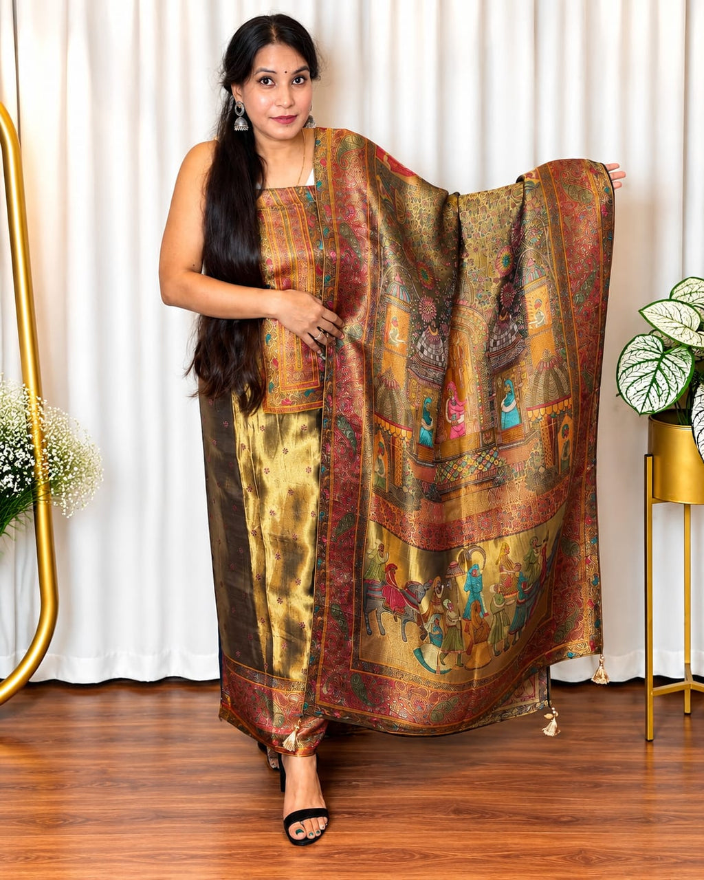 Mustard Gold Printed Silk Suit Set with Kashmiri Paisley Dupatta