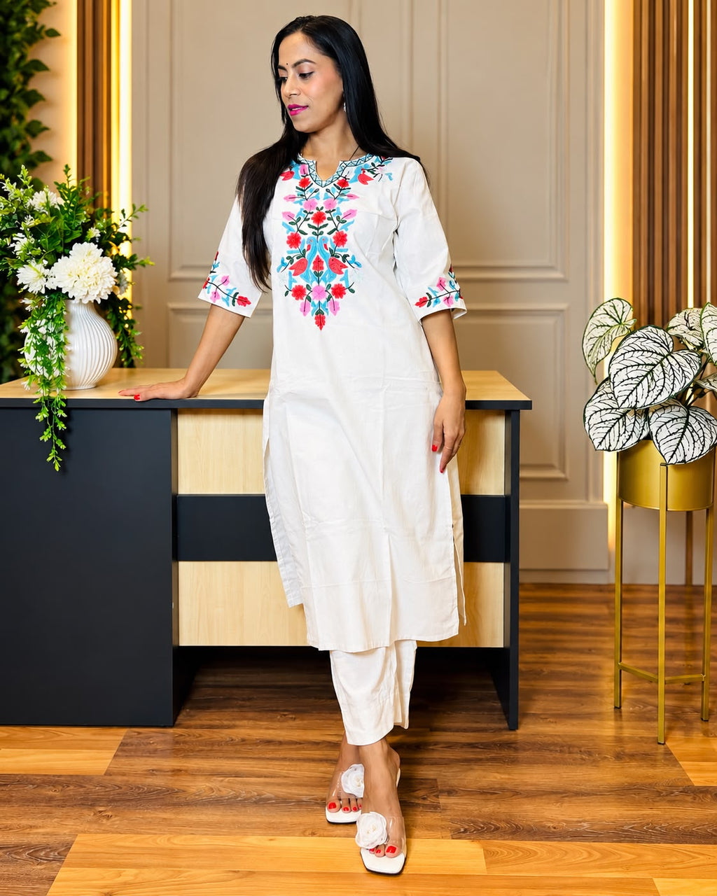 Elegant Embroidered Cotton Kurta Set – White