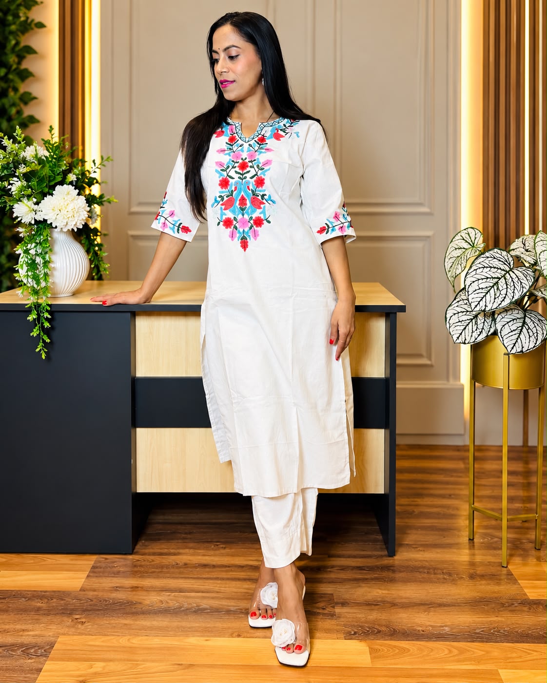 Elegant Embroidered Cotton Kurta Set – White