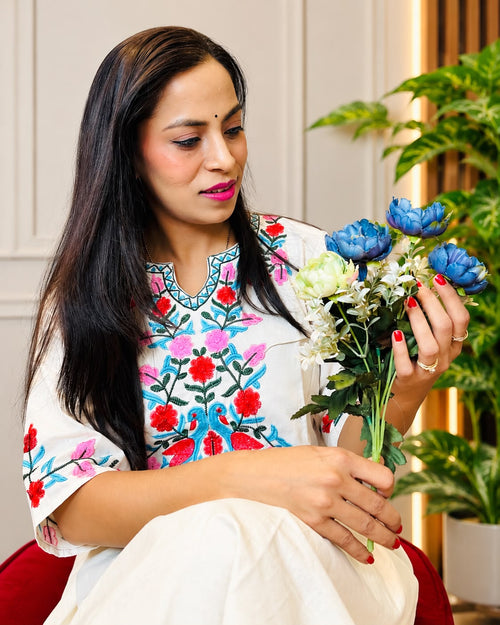Elegant Embroidered Cotton Kurta Set – White