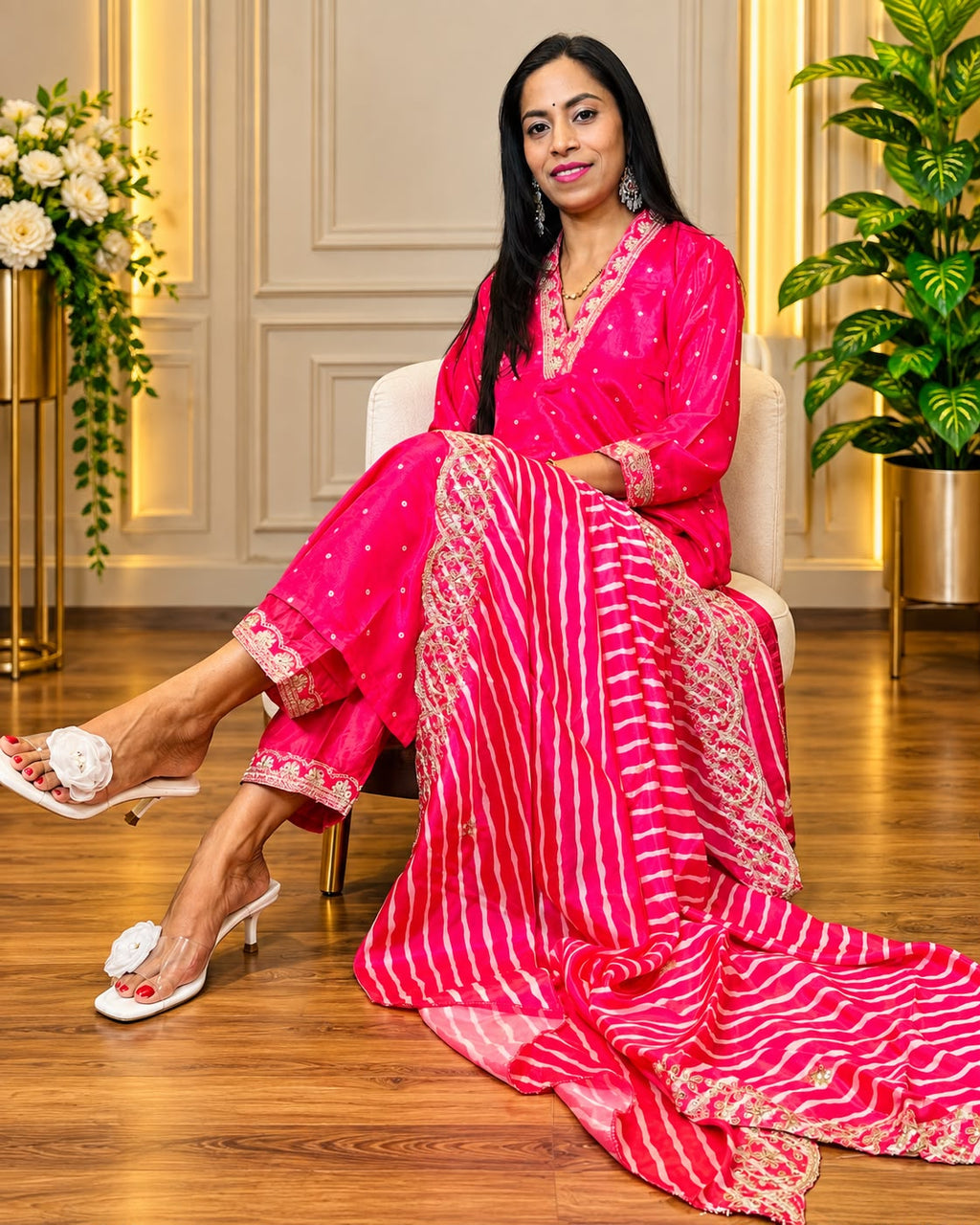 Premium Fuchsia Pink Embroidered 3-Piece Suit Set