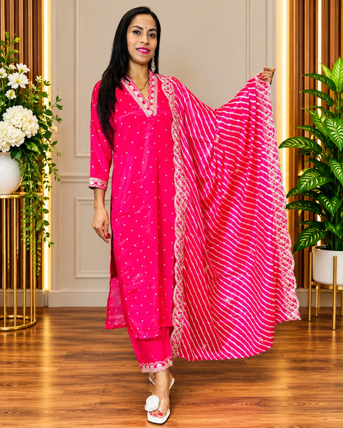 Premium Fuchsia Pink Embroidered 3-Piece Suit Set