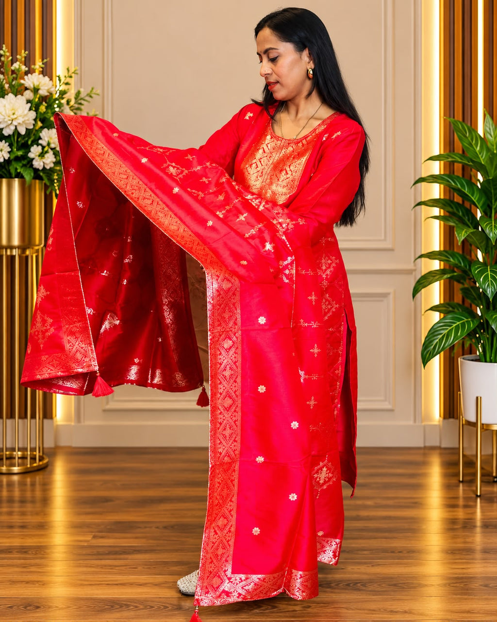 Premium Red & Gold Embroidered 3-Piece Suit Set
