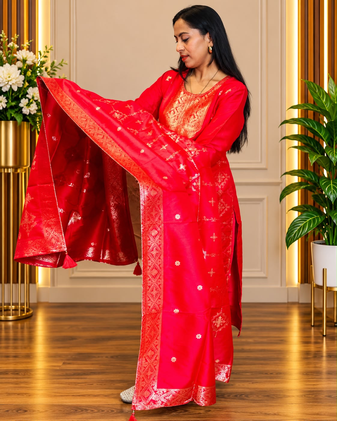 Premium Red & Gold Embroidered 3-Piece Suit Set