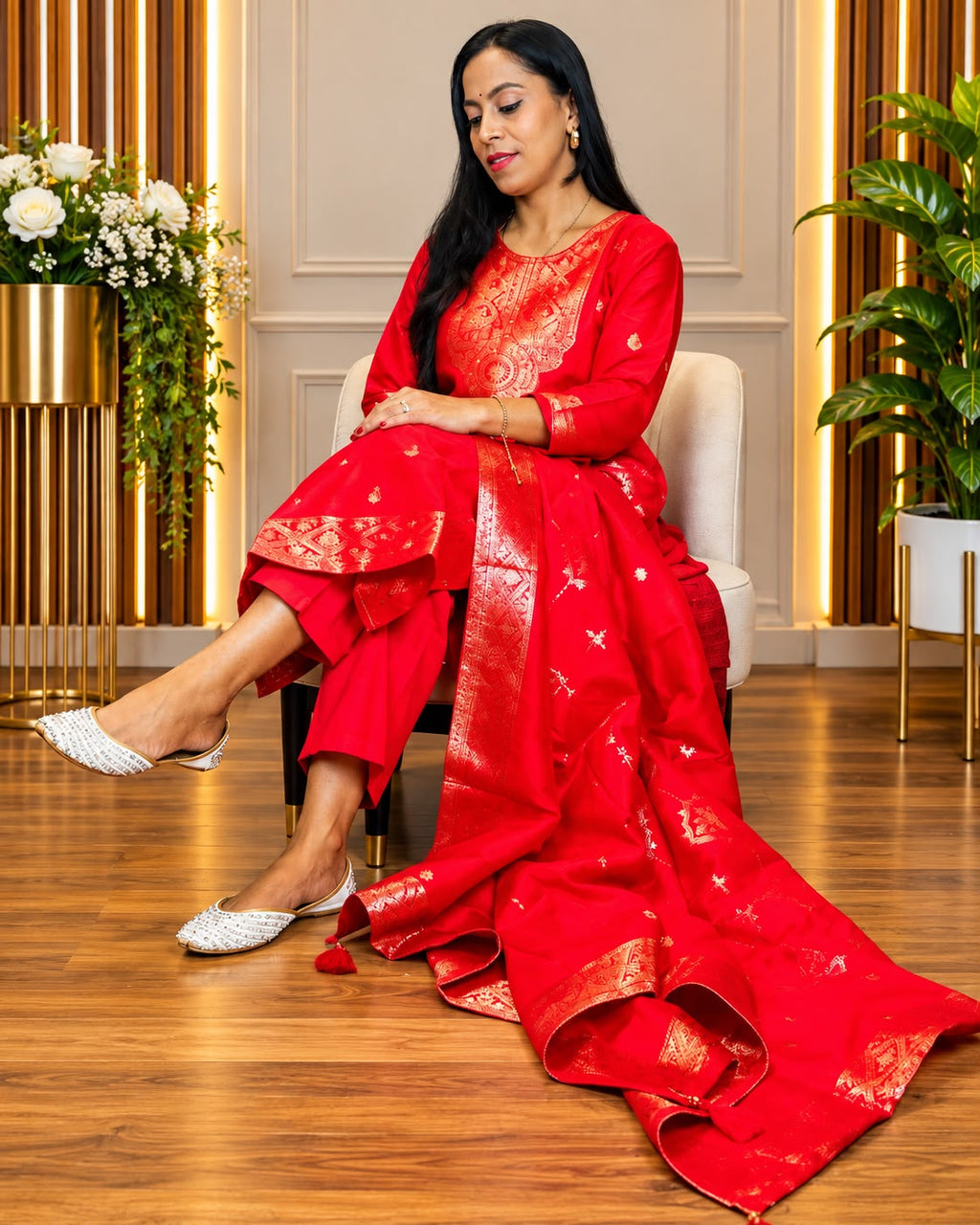 Premium Red & Gold Embroidered 3-Piece Suit Set