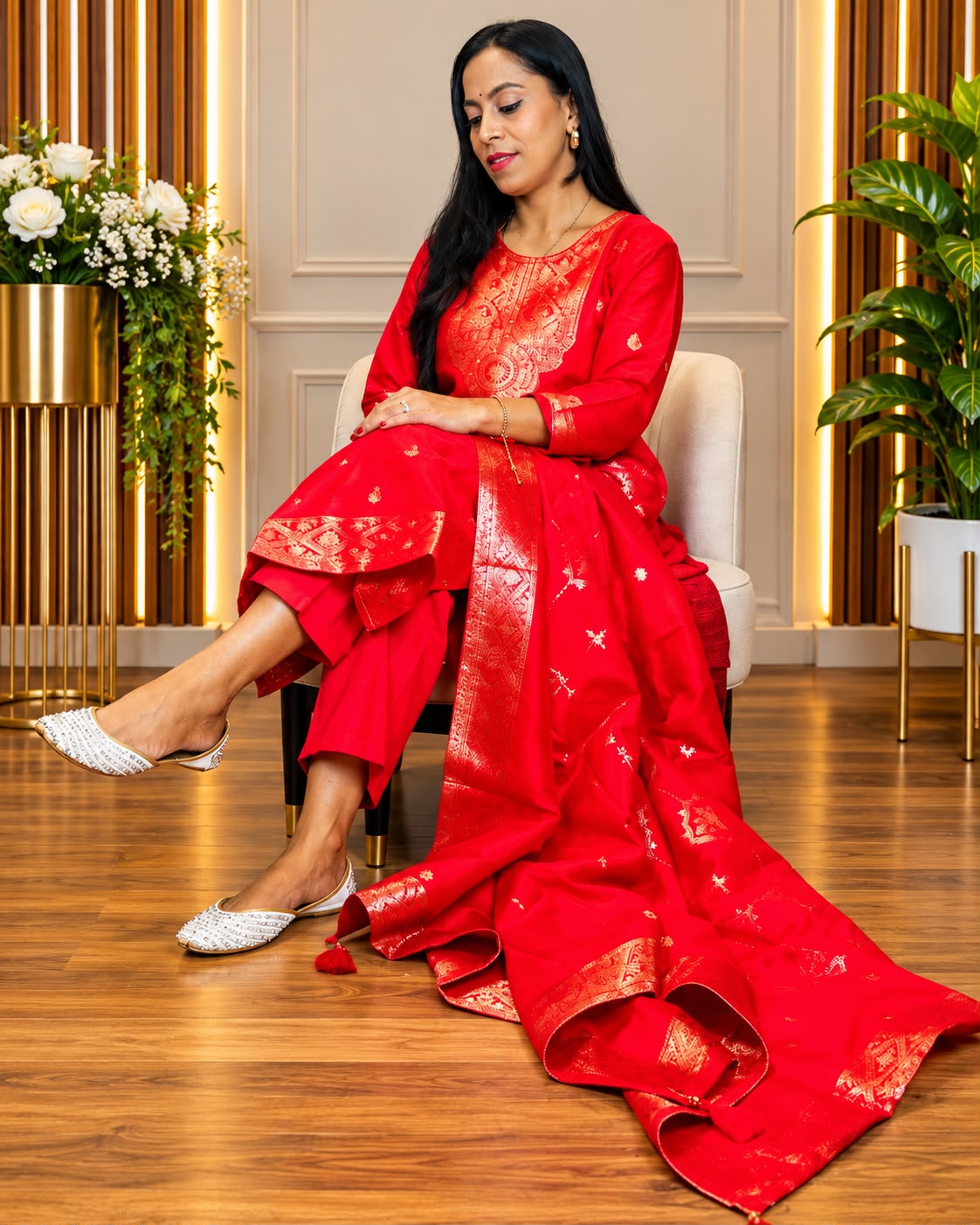 Premium Red & Gold Embroidered 3-Piece Suit Set