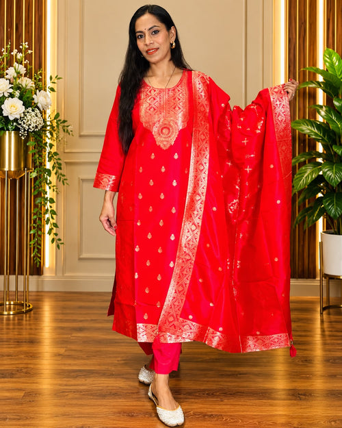 Premium Red & Gold Embroidered 3-Piece Suit Set