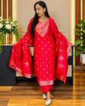 Premium Red & Gold Embroidered 3-Piece Suit Set
