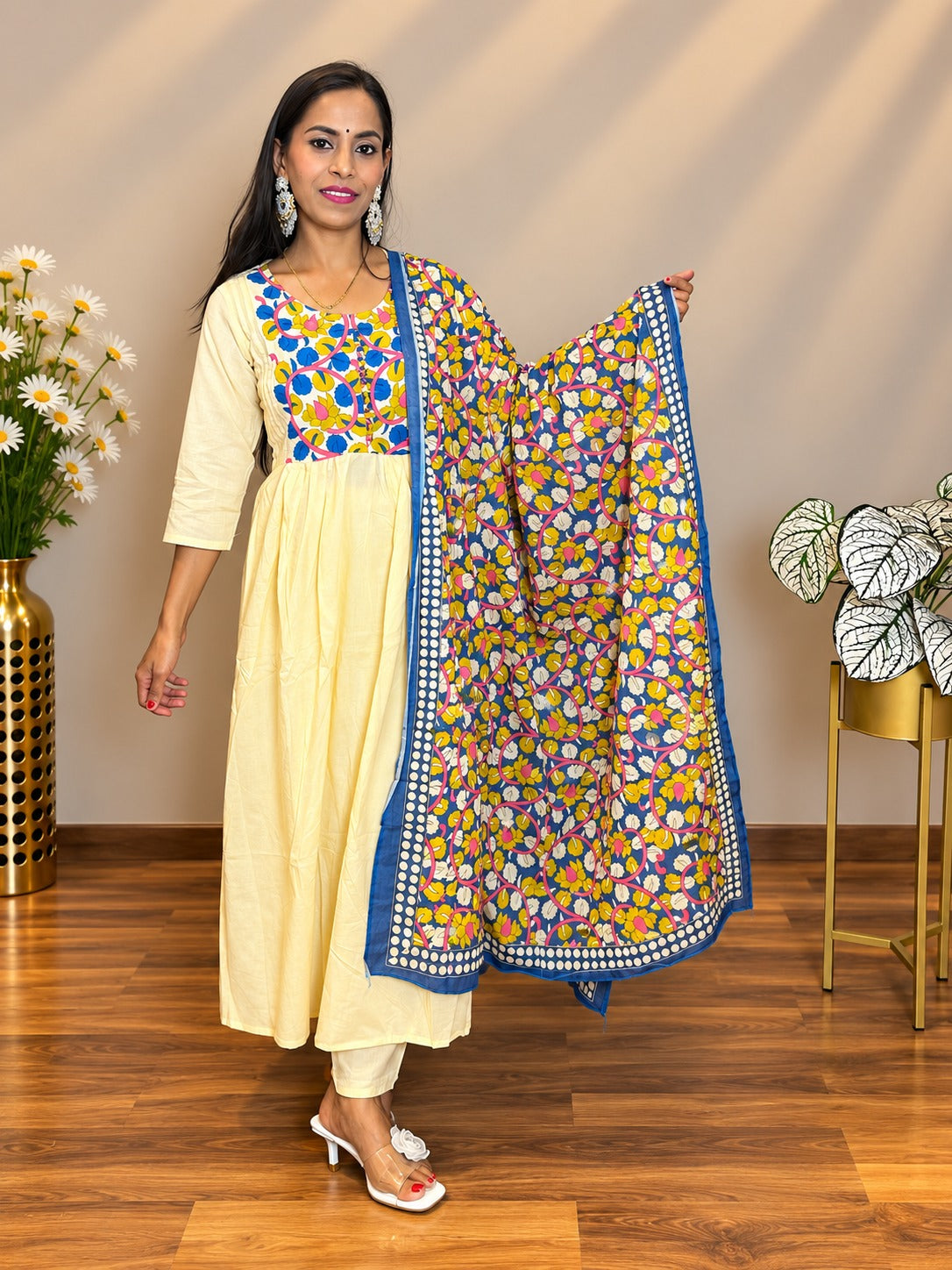 Elegant Floral Embroidered Cotton Anarkali Suit Set