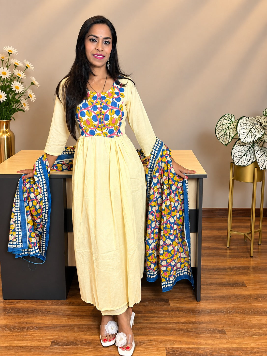 Elegant Floral Embroidered Cotton Anarkali Suit Set