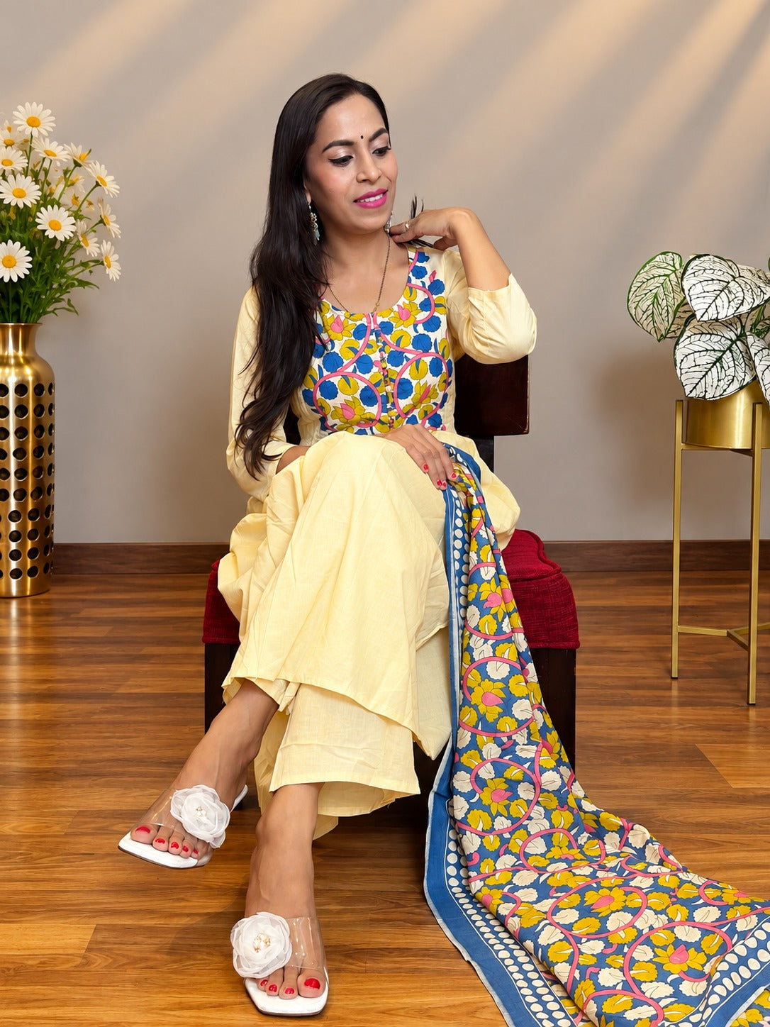 Elegant Floral Embroidered Cotton Anarkali Suit Set