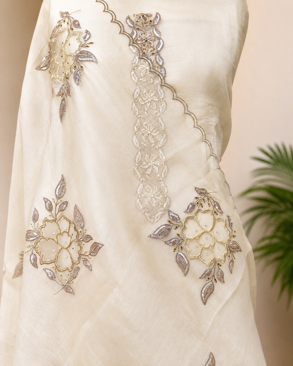 Cream Embroidered Designer Suit
