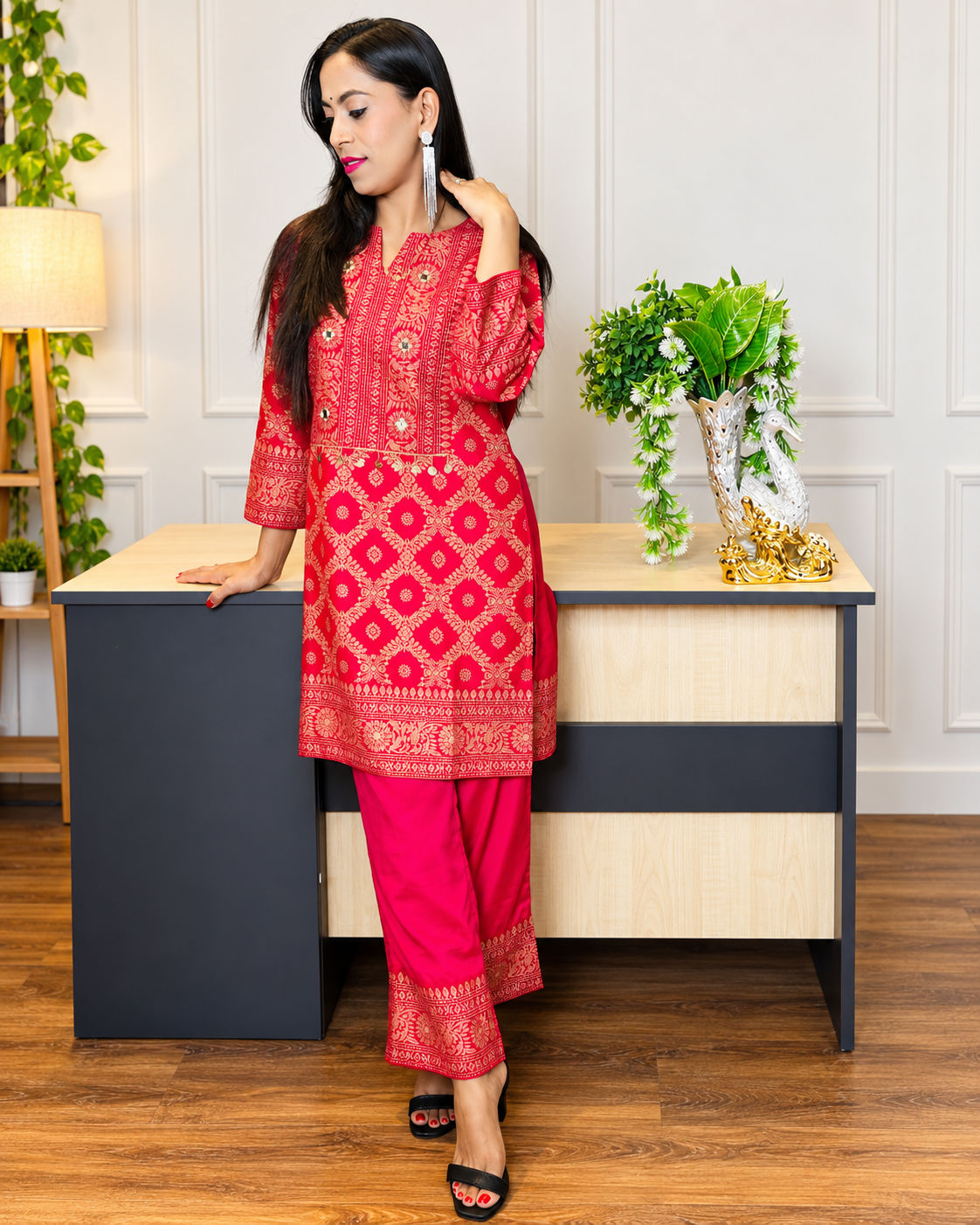 Elegant Red & Gold Printed Kurta Set