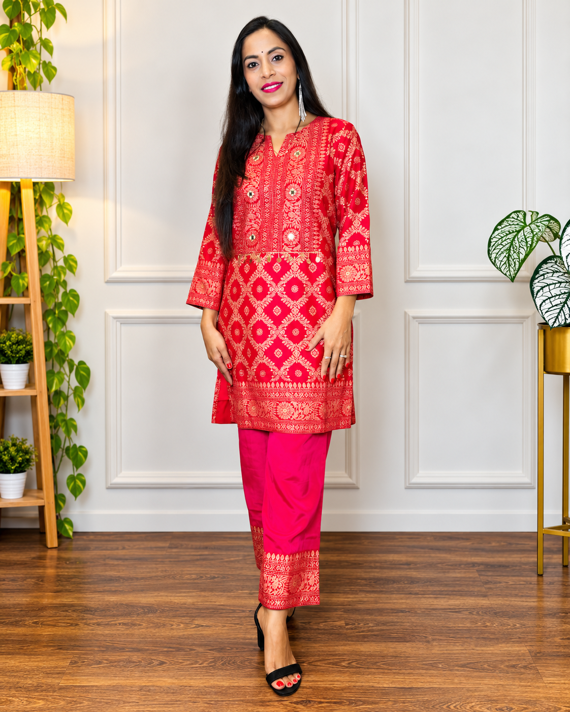 Elegant Red & Gold Printed Kurta Set