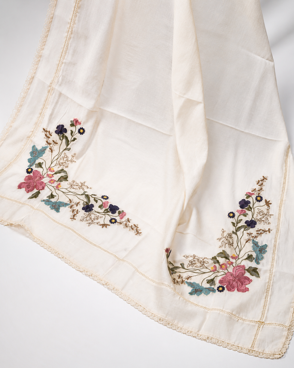 White Linen with beautiful hand embro of multiple flowers