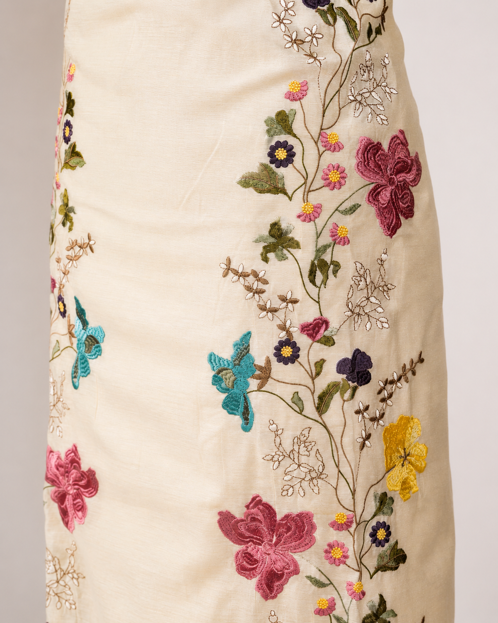 White Linen with beautiful hand embro of multiple flowers