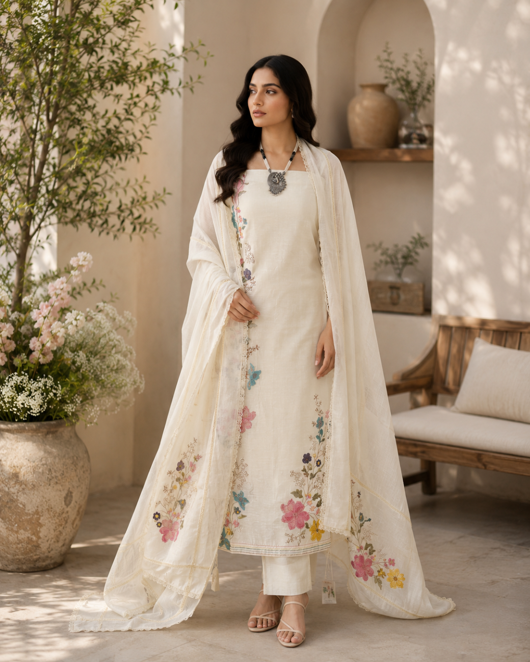 White Linen with beautiful hand embro of multiple flowers