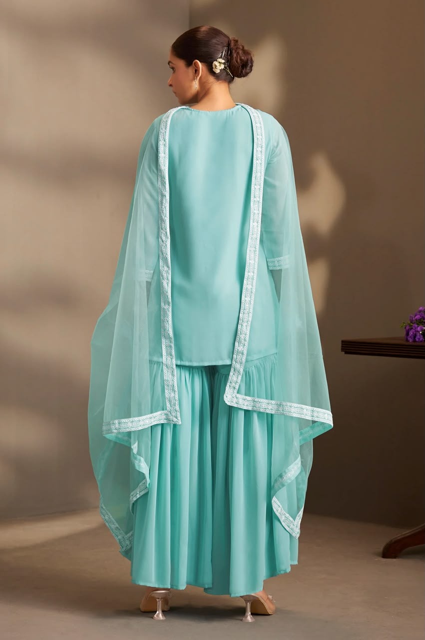 Women Sky Blue Georgette Schiffli Embroidered Straight Kurta with Sharara