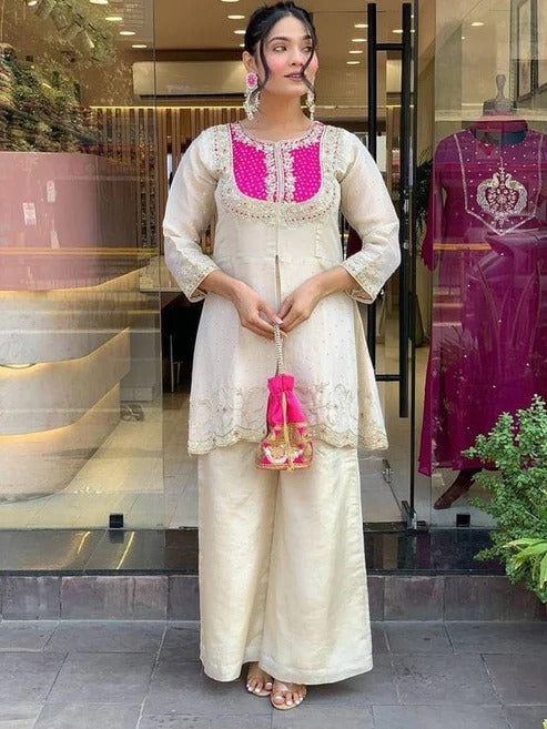 Off White Embroidered Chinon Kurta and Palazzo Set