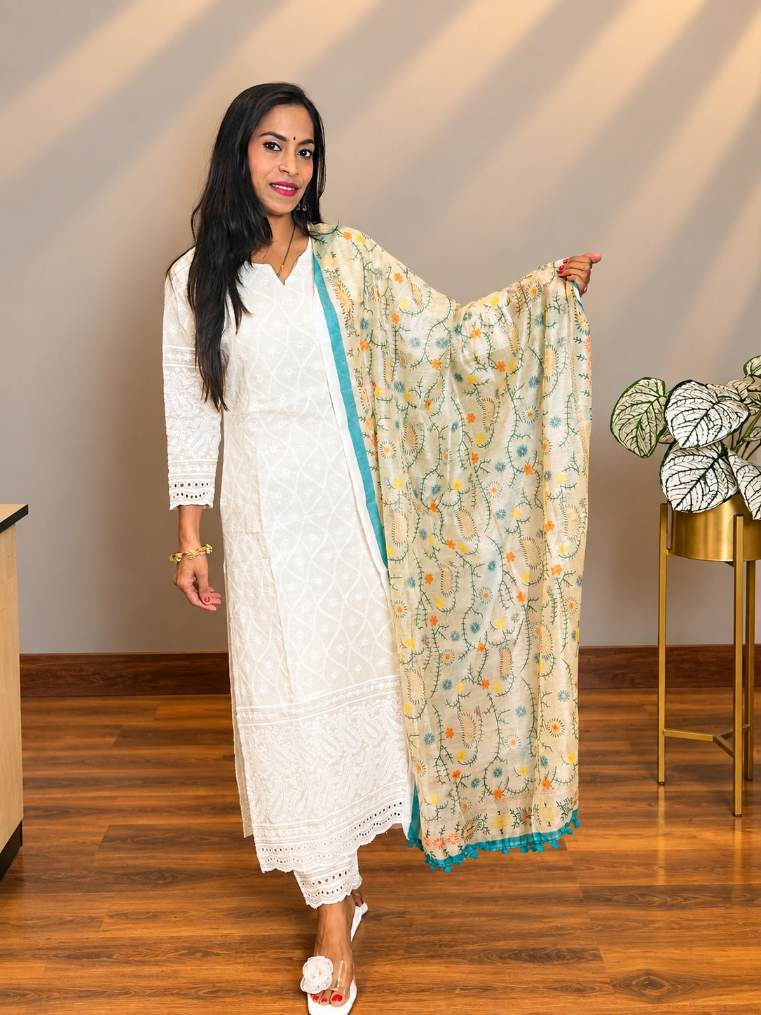 Chikankari Off White Kurta and Pant Set with Printed Chanderi Dupatta