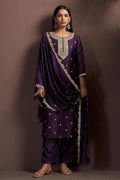 Wine Vichitra Silk Embroidered Straight Kurta Set