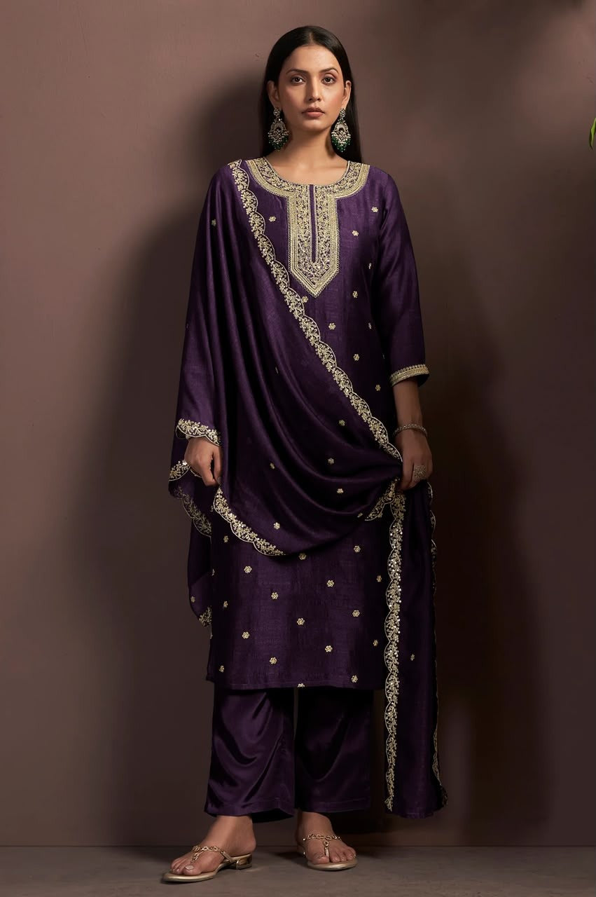 Wine Vichitra Silk Embroidered Straight Kurta Set