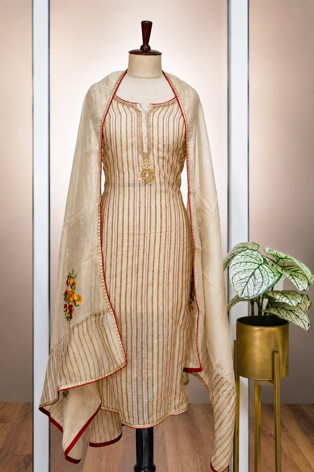 Chanderi Chikankari Embroidered Nayra Cut Semi-Stitched Suit Set
